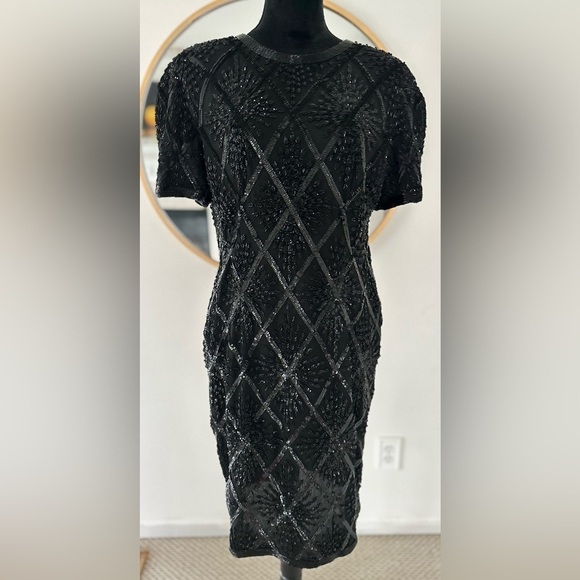 Vintage 80s Niteline by Della Roufogali Beaded Silk Black Cocktail Dress Sz 10 - Picture 1 of 5